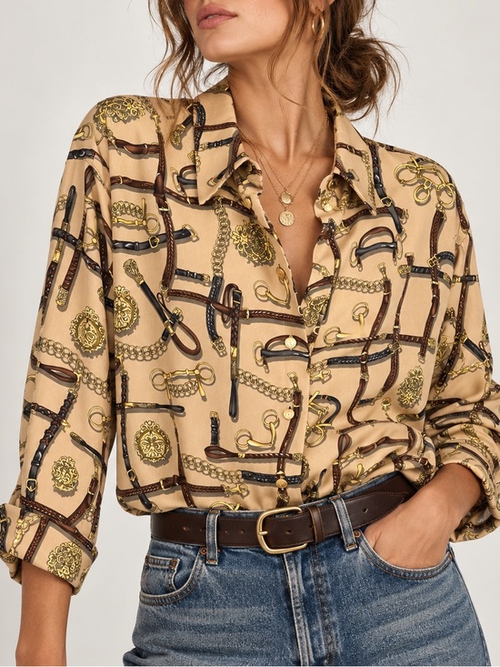 Basler Tops - Basler Equestrian Scarf Print Blouse XL Brown Gold Horse Bit Button Old Money